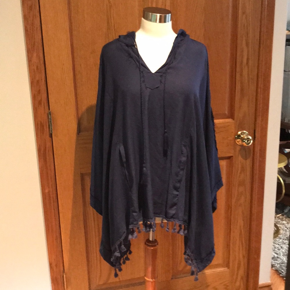 Indigo Blue light cotton tassel poncho